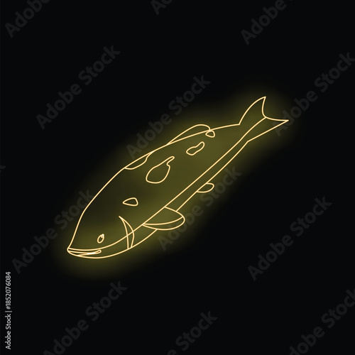 Minimal illustration of a yellow koi carp swimming upwards, with a neon tube effect on black background