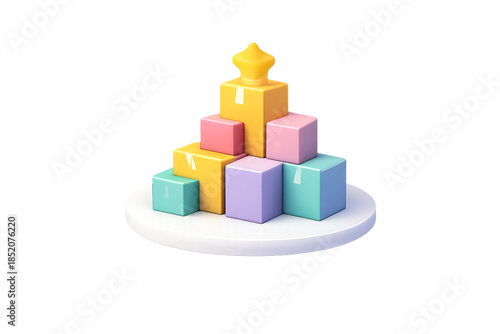 3D isometric stack of colorful gift boxes with a star on top representing retail success delivery and logistics achievement.