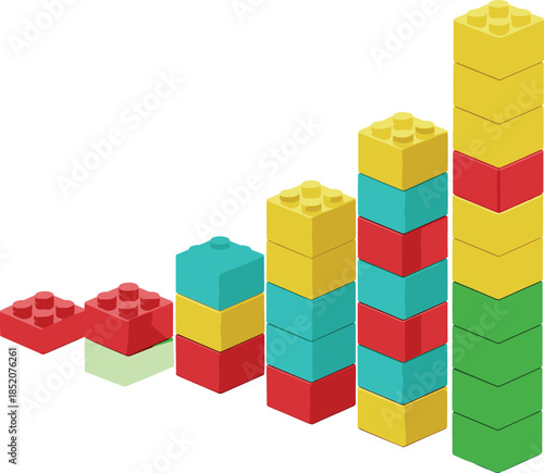 Colorful Toy Building Blocks Stacked In Different Heights Showing Growth And Progress Isolated On White Background Flat Vector Illustration