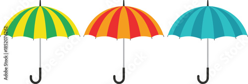 Colorful Striped Umbrellas Set In Different Bright Colors Isolated On White Background Clean Flat Vector Illustration