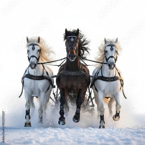 Three horses galloping through deep snow on white background, traditional Russian troika winter concept