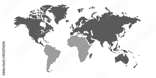 A grayscale world map illustration highlighting certain landmasses and oceans