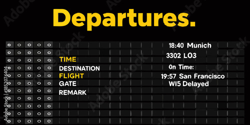 Airport departures board displaying flight information time and gate details