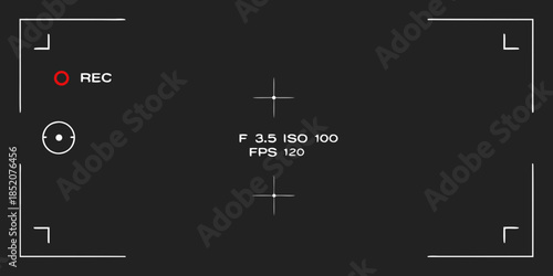 Camera view finder display showing recording status and technical settings