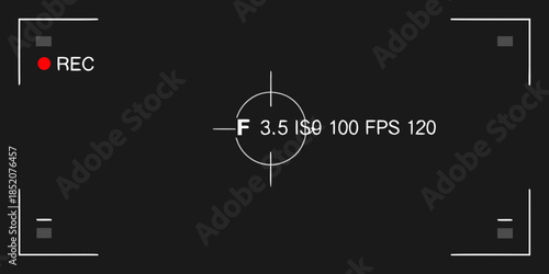 Camera viewfinder display showing recording indicators and technical settings