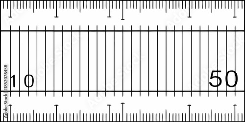 A ruler displaying millimeter and centimeter markings with numbers ten and fifty