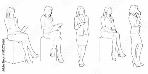 Line art illustration of five women in business attire seated on cubes