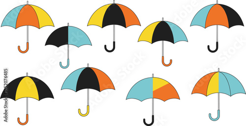 Colorful Umbrella Collection In Different Color Combinations Isolated On White Background Flat Vector Illustration