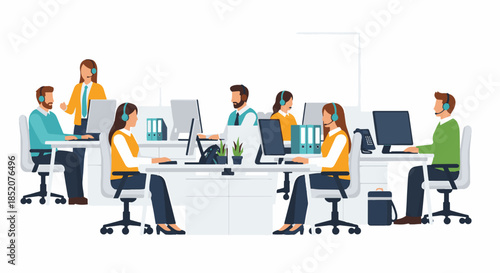 Illustration of a diverse team of call center agents working in a modern office environment