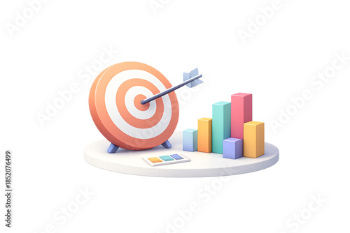 Colorful 3D isometric target with arrow and bar charts representing business goal success and data analysis achievement concepts.
