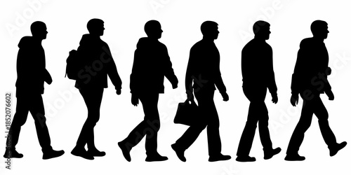 Silhouettes of six men walking in a row business attire and motion