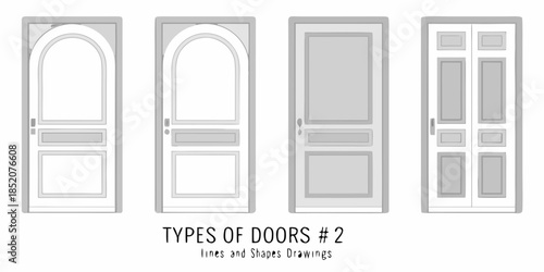 Illustrations of various door designs and styles in a grayscale palette