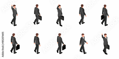 Isometric depiction of businessmen walking in different poses with briefcases