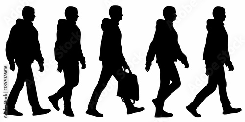 Silhouetted figures of people walking in a line diverse body language