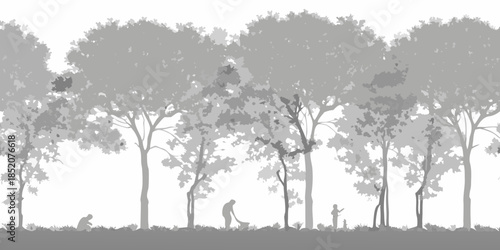 Silhouetted trees and figures create a peaceful grayscale landscape scene