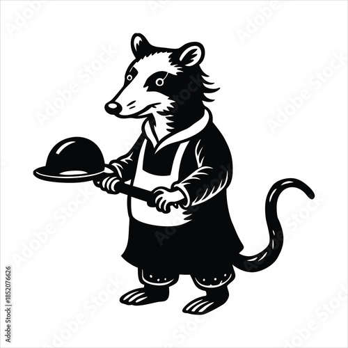 Opossum chef holding a frying pan flat