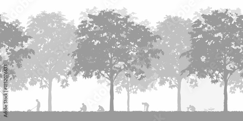Silhouetted trees and figures in a park create a peaceful grayscale scene