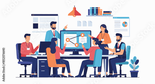 Illustration of a business team meeting in an office setting with computer screen and presentations