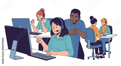 Illustration of a customer service team working at their desks with headsets and computers