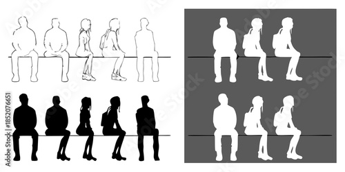 Silhouettes of seated people in various styles and contrasting color schemes