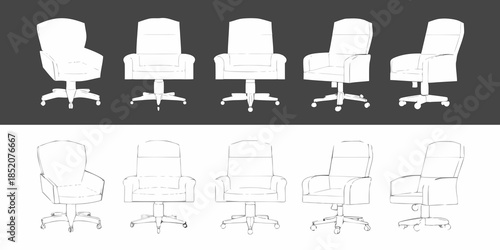 A series of office chairs depicted in both solid white and outline form