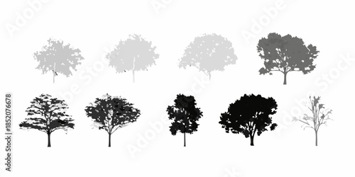 A collection of grayscale tree silhouettes in varying shapes and densities