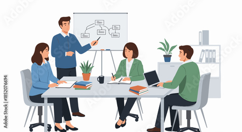 Illustration of a business team meeting in a conference room discussing strategy planning