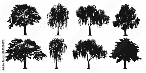A collection of various tree silhouettes in black and white illustration