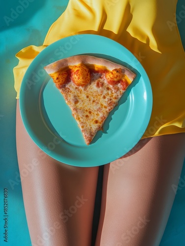 Plate with slice of pizza in woman lap
