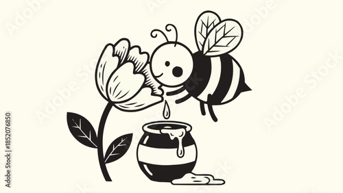 Cute cartoon bee collecting honey from a flower into a pot.