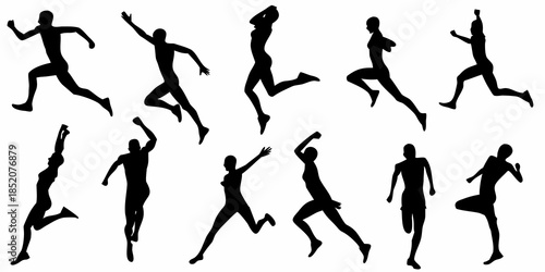 Silhouettes of people running and jumping dynamic figures in motion