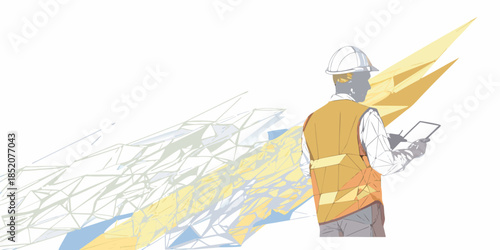 Construction worker using a digital tablet with abstract geometric background