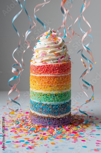 Colorful Cake With Layers and Cream on Top is Surrounded by Ribbons and Sprin...