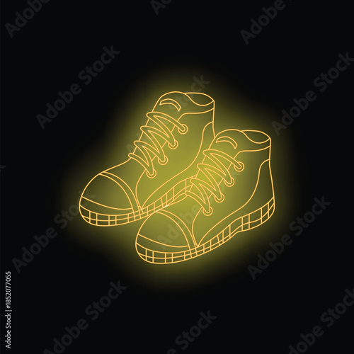 Pair of casual shoes with laces, depicted as a glowing neon icon, emitting a vibrant yellow light against a dark background