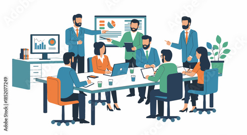 Illustration of a business meeting with people discussing and analyzing data in an office