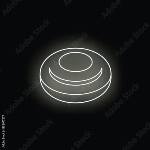 White neon sign glowing like a hockey puck on a black background