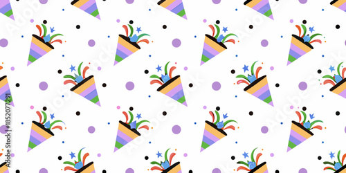 Colorful party poppers and confetti pattern on a white background