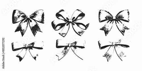 A collection of six black and white sketched bow illustrations