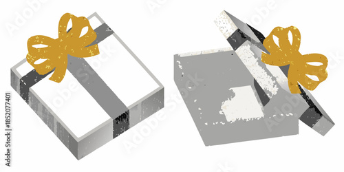 Two gift boxes with yellow ribbons one open against a white background