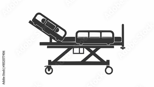 Hospital bed with adjustable headrest and wheels.