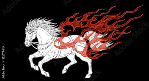 Majestic white horse with fiery mane and tail galloping across a dark background, symbolizing power, speed, and mythical energy