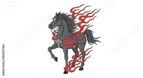 A mystical black horse with fiery mane and tail gallops forward, symbolizing power and freedom in a dynamic illustration