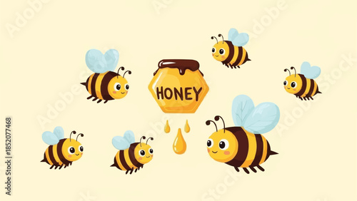 Cute cartoon bees surrounding a honey pot illustration.