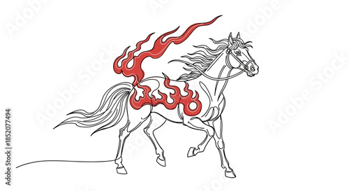 Mythical Creature Illustration A Majestic Horse Galloping with Fiery Mane and Body Embers, Evoking Power and Dynamism