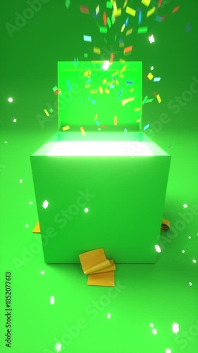Glowing Open Box Emits Bright Light Against Vibrant Green Background with Colorful Confetti Creating Festive Magical Atmosphere Vibrant Green Gift Box with Golden Ribbon Surrounded by Sparkling
