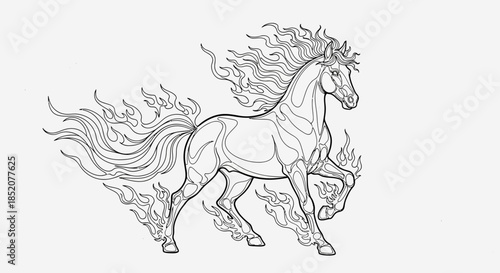 Mythical Fire Horse Illustration A Majestic Equine Creature Embodying Power and Mysticism in a Striking Outline Drawing