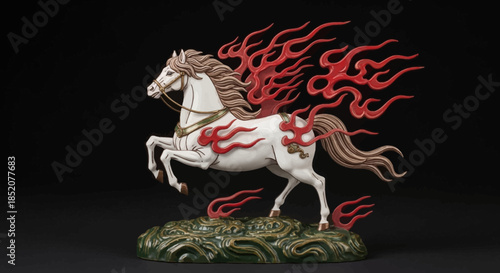 An ornate statue of a majestic white horse with fiery red mane and tail, standing on a green, textured base, symbolizing power and mythical energy