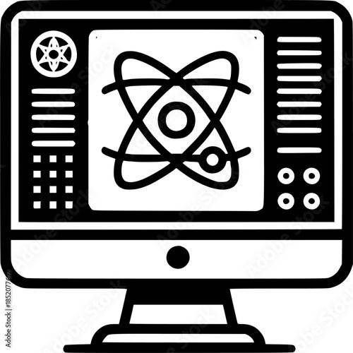 Science Discovery in the Monitor: A scientific illustration displaying atoms on a computer monitor, hinting at the intersection of technology and the pursuit of scientific knowledge.