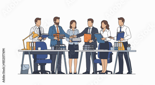 Group of diverse office workers standing together at desks, discussing work tasks collaboratively