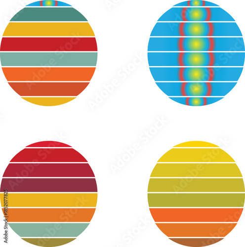 Vibrant striped circle patterns and abstract gradient designs with retro vintage color schemes. A collection of modern graphic elements perfect for backgrounds, digital art, and decorative projects